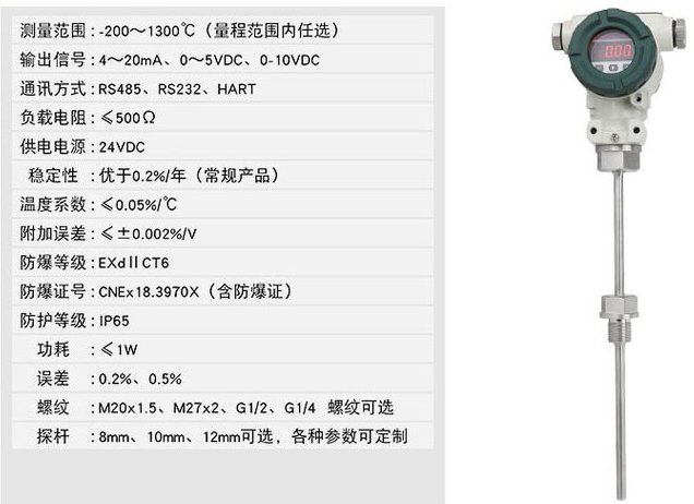 螺紋溫度變送器技術參數對照表