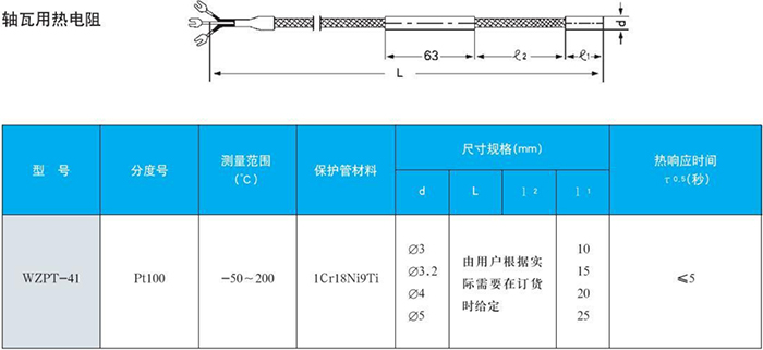 電站測溫專用熱電偶軸瓦用規格表